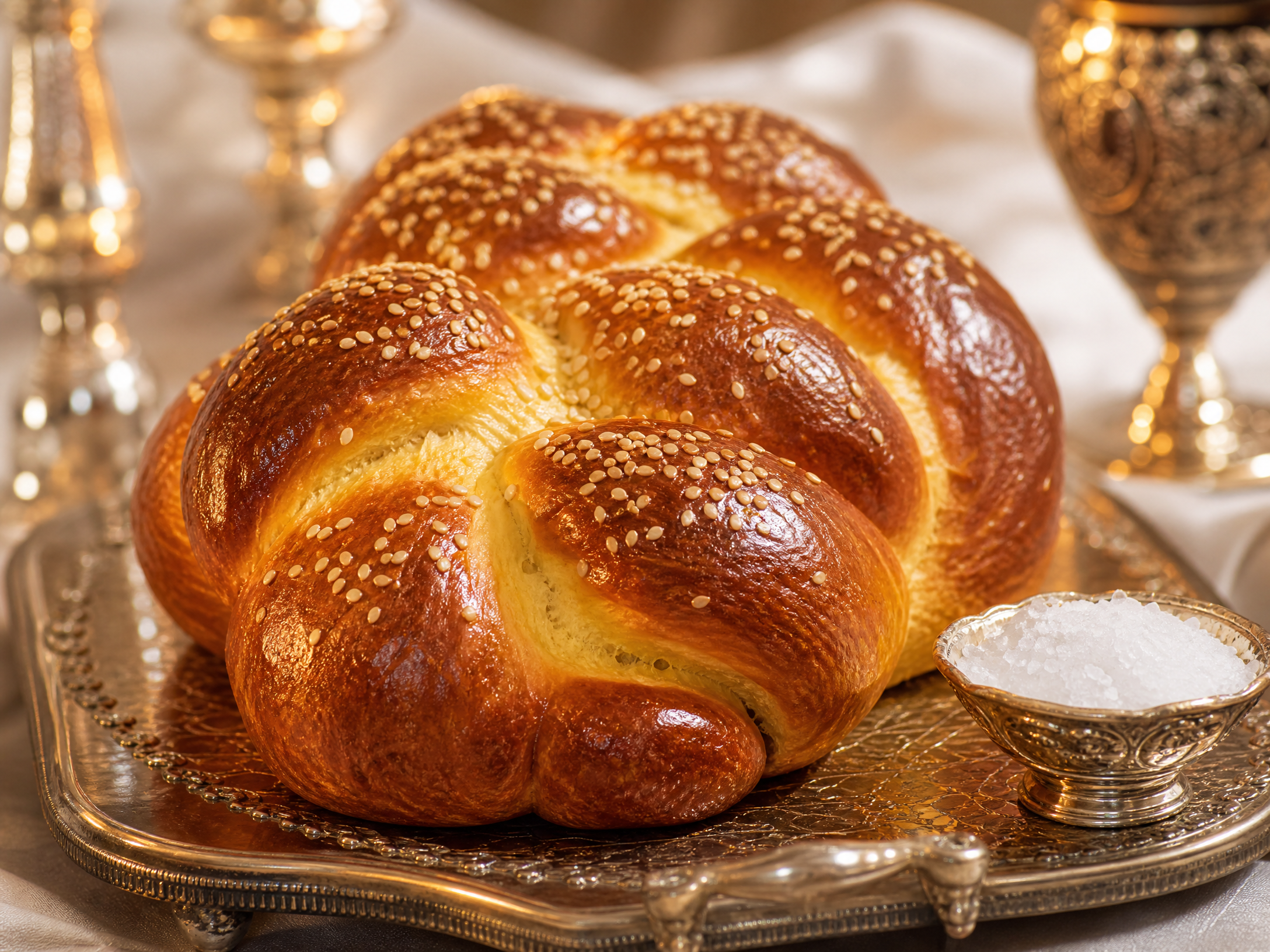 A freshly baked challah on a silver tray